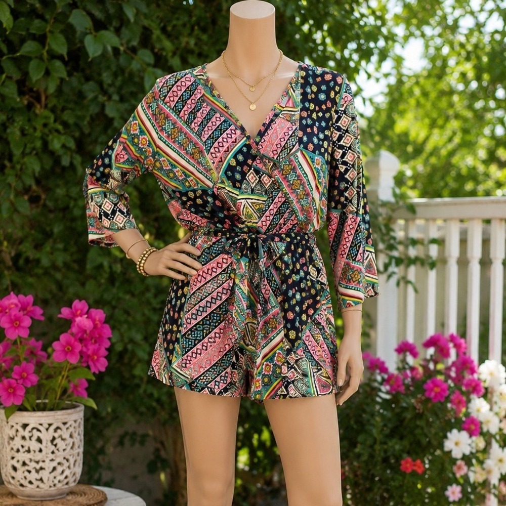 LIX Womens Wrap Top Geometric Tribal Print Boho 3/4 Sleeve Small